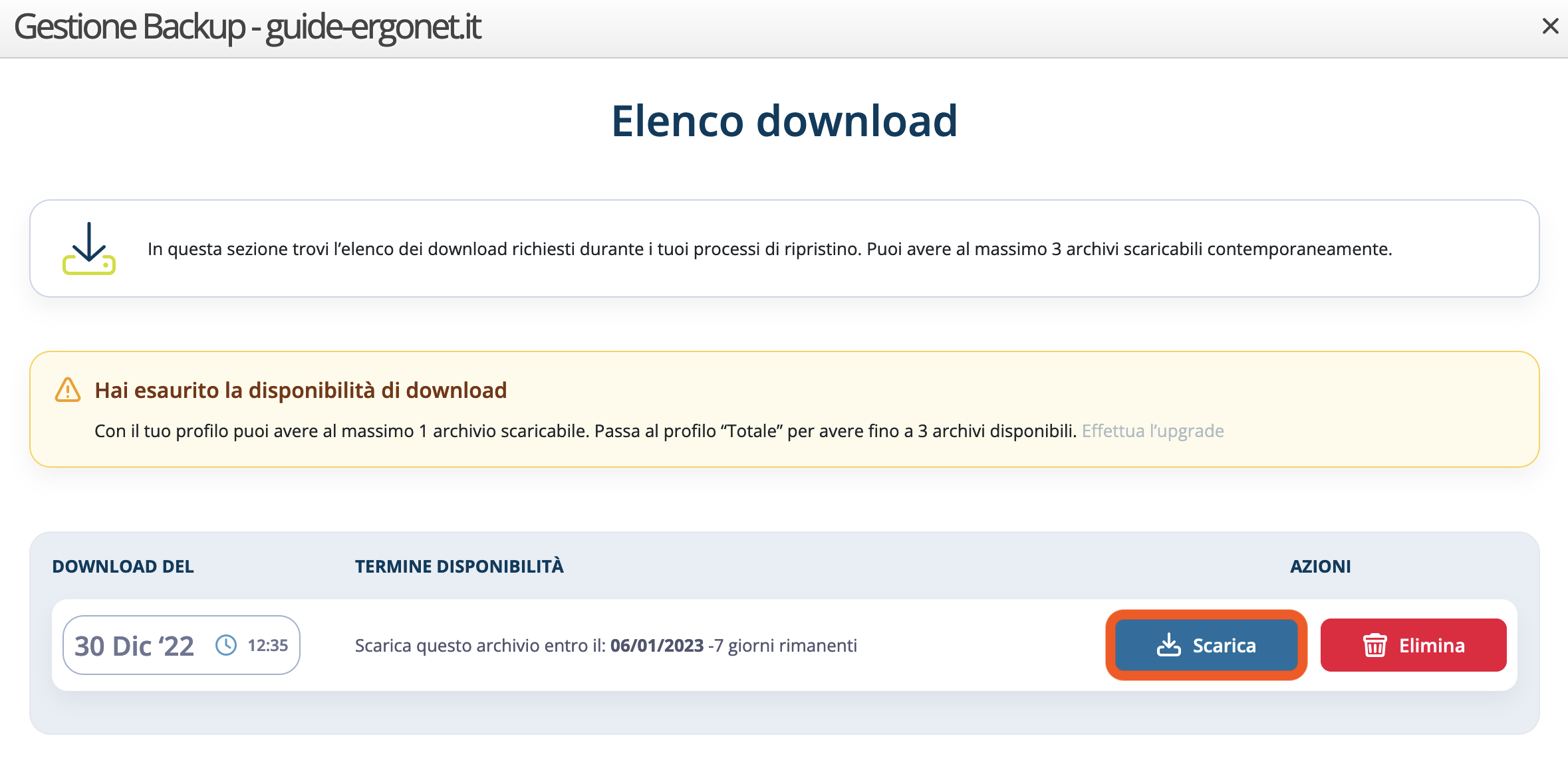 WebPanel Ergonet - Download archivio backup